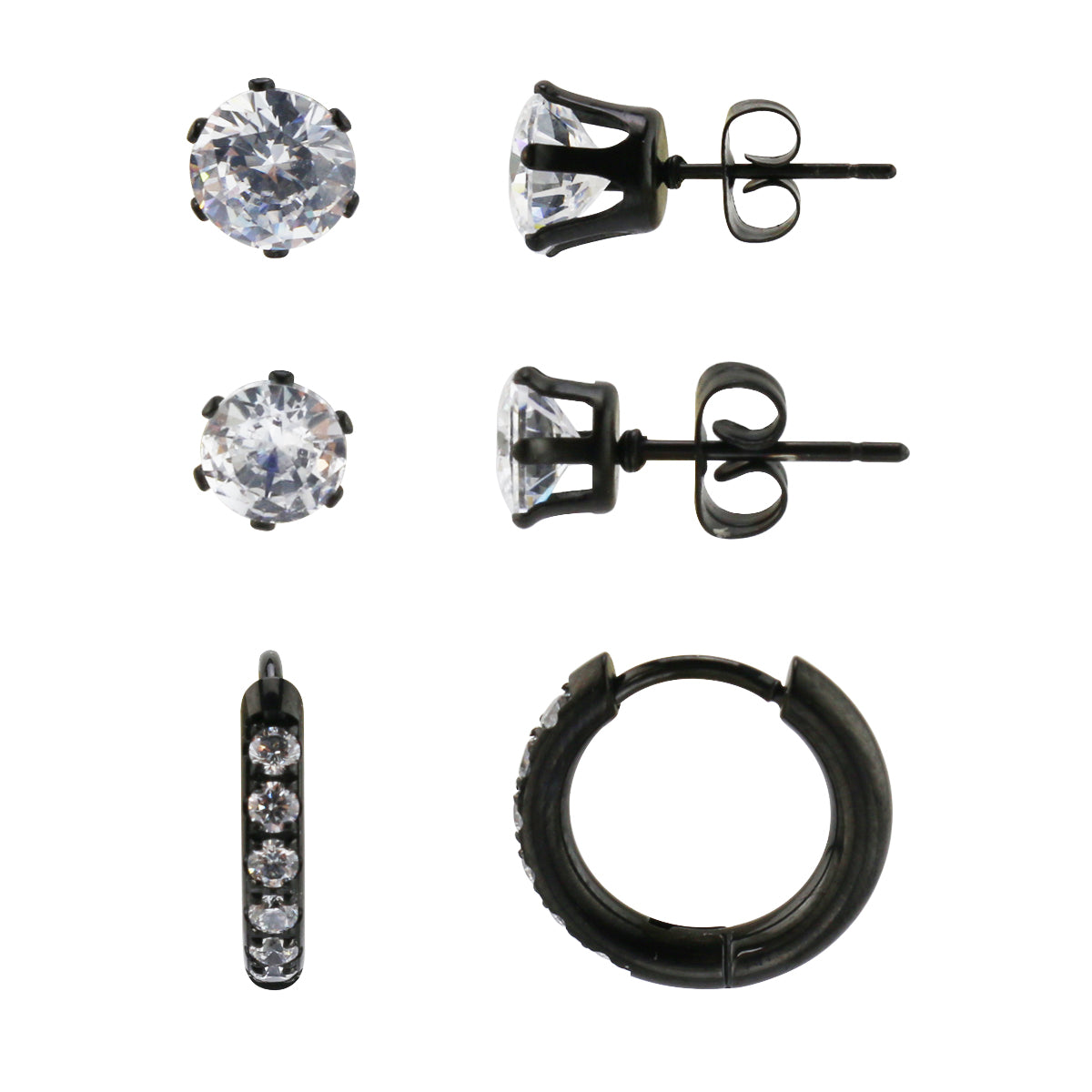 Set of 3 Pairs of Earrings in Black-Plated Stainless Steel
