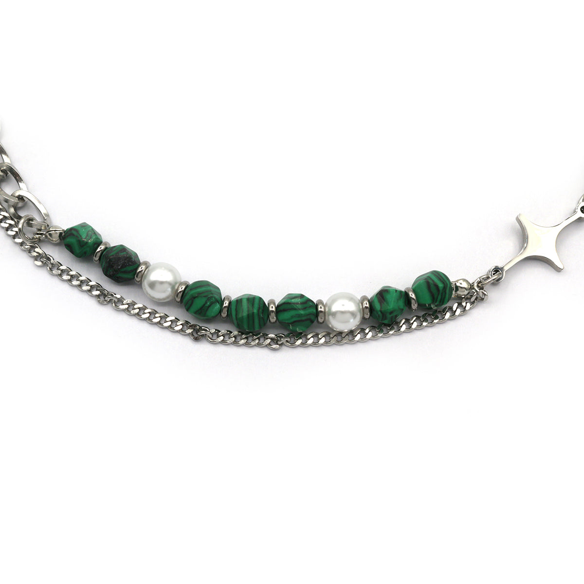Stainless Steel Star Link and Green Layered Necklace