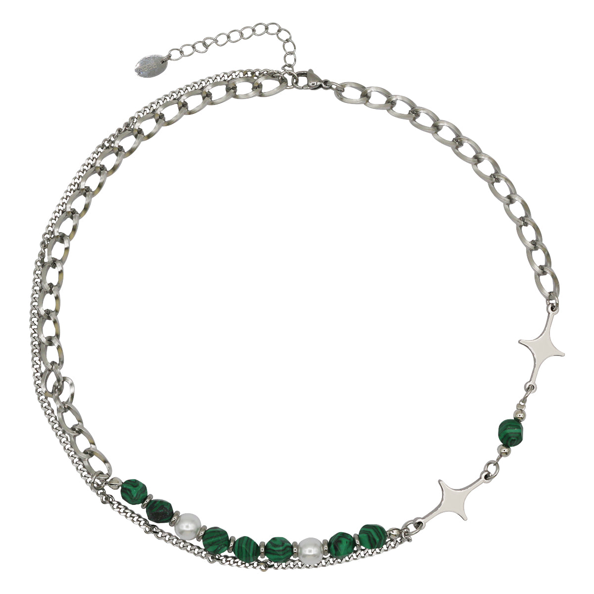 Stainless Steel Star Link and Green Layered Necklace