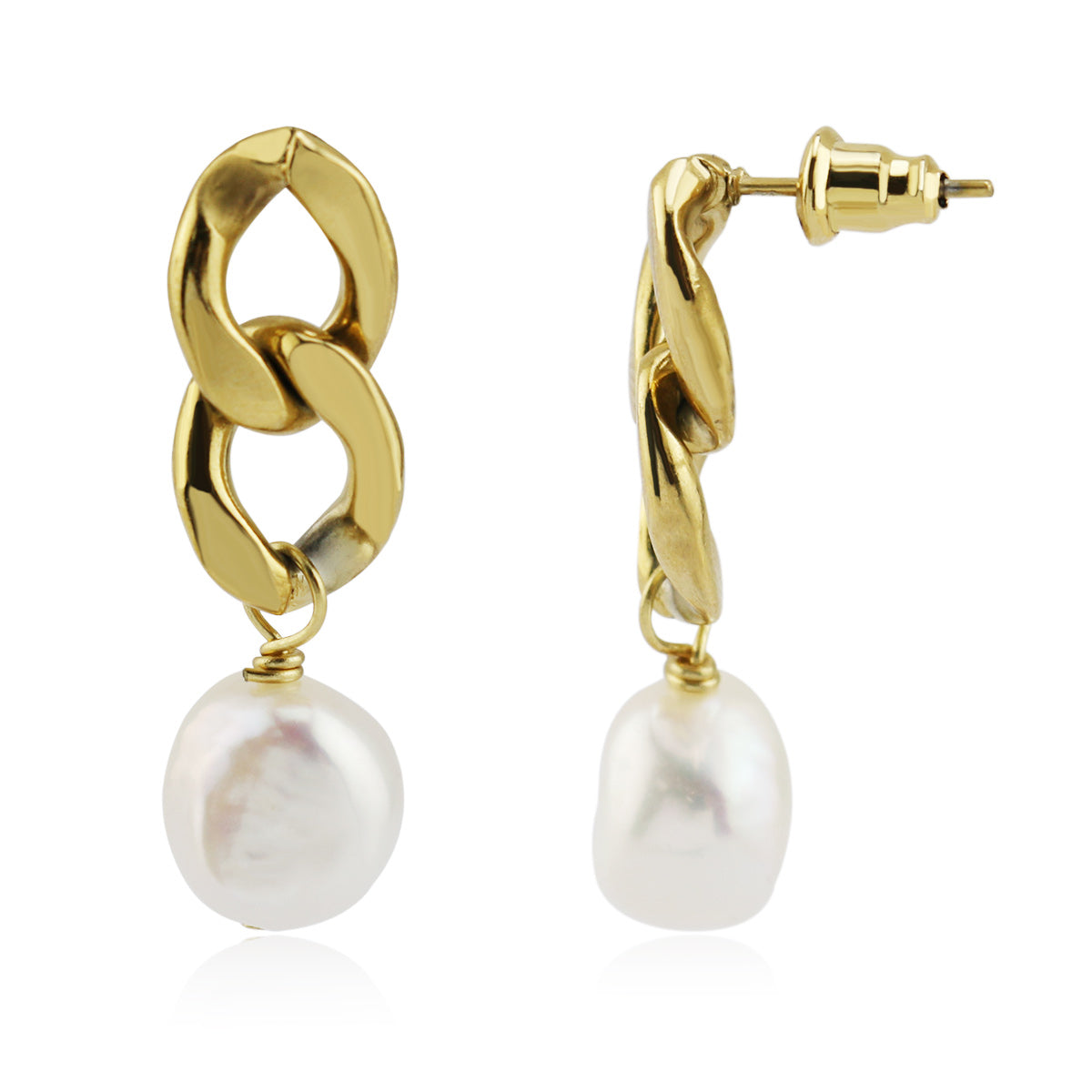 Stainless Steel Curb Chain Drop Earring with Pearl