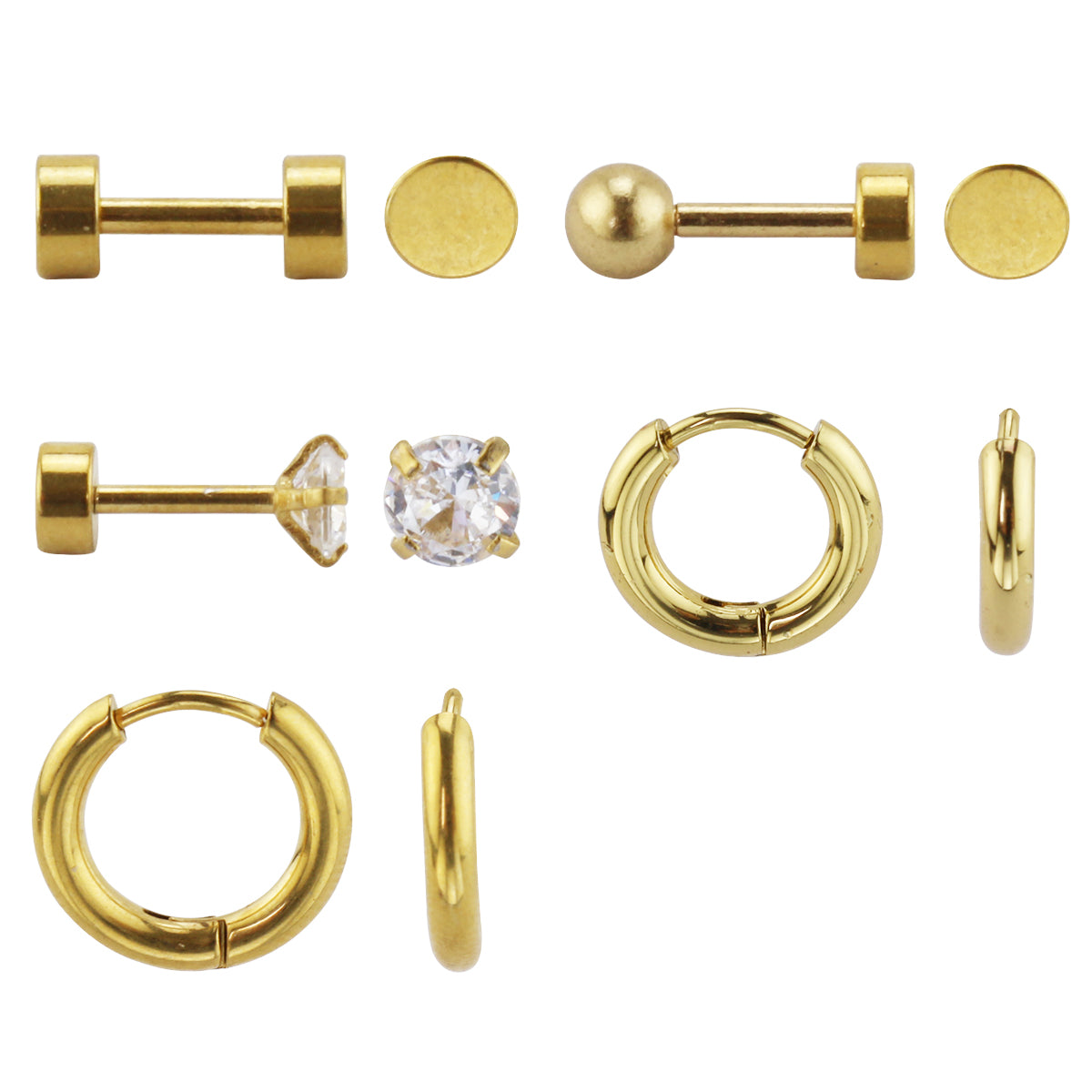 Set of 5 Screwback Earrings 18k Gold Plated: Hoops and Studs