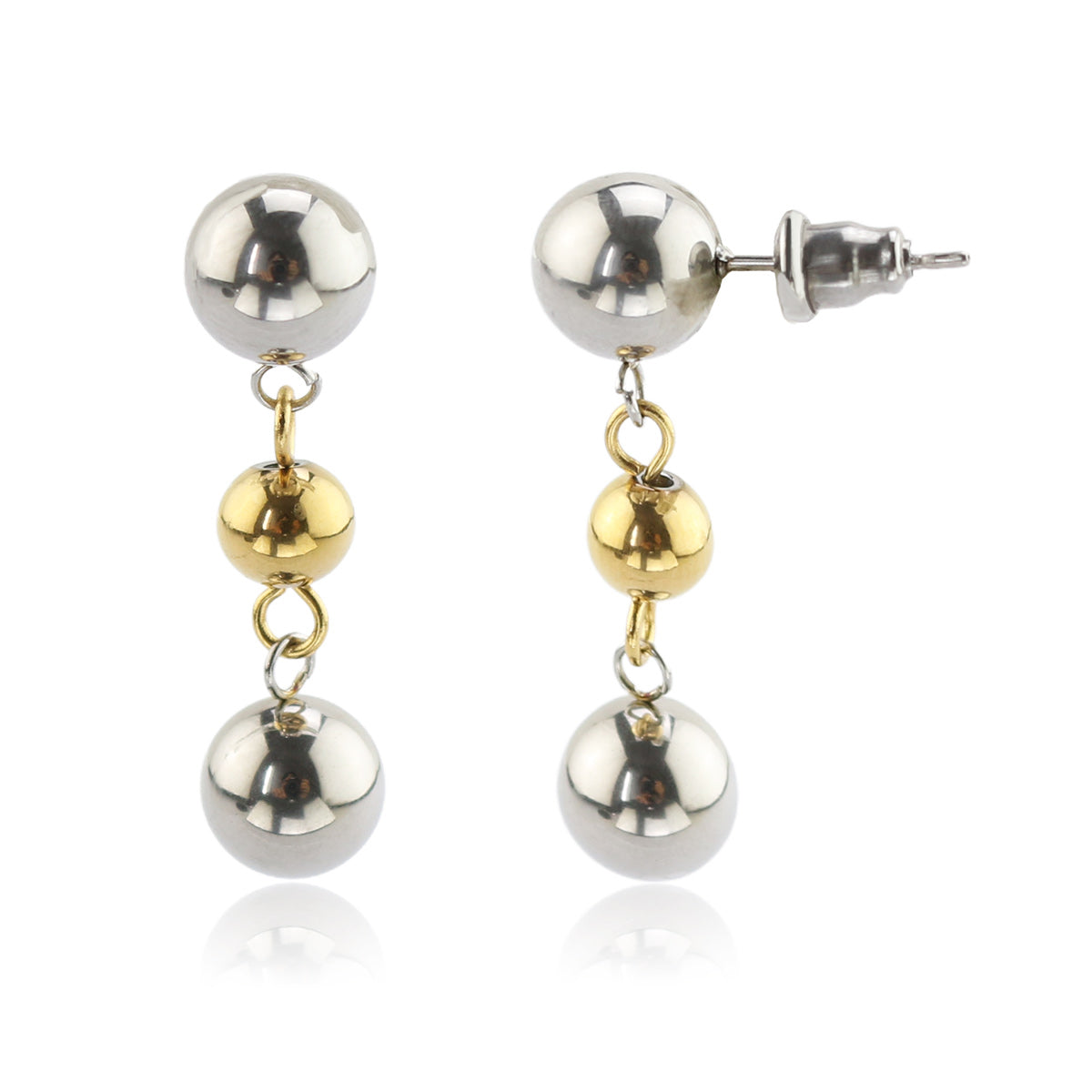 Stainless Steel Two-Tone Bead Drop Earrings