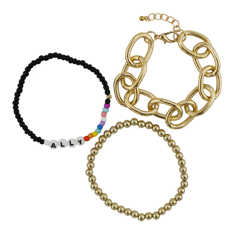 3-Piece Rainbow Beaded & Gold-Tone Link Bracelet Set – Ally