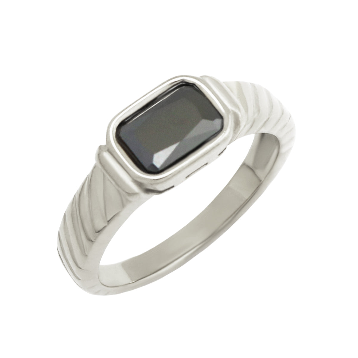Stainless Steel Tapered Ring with Black Glass - Size 7