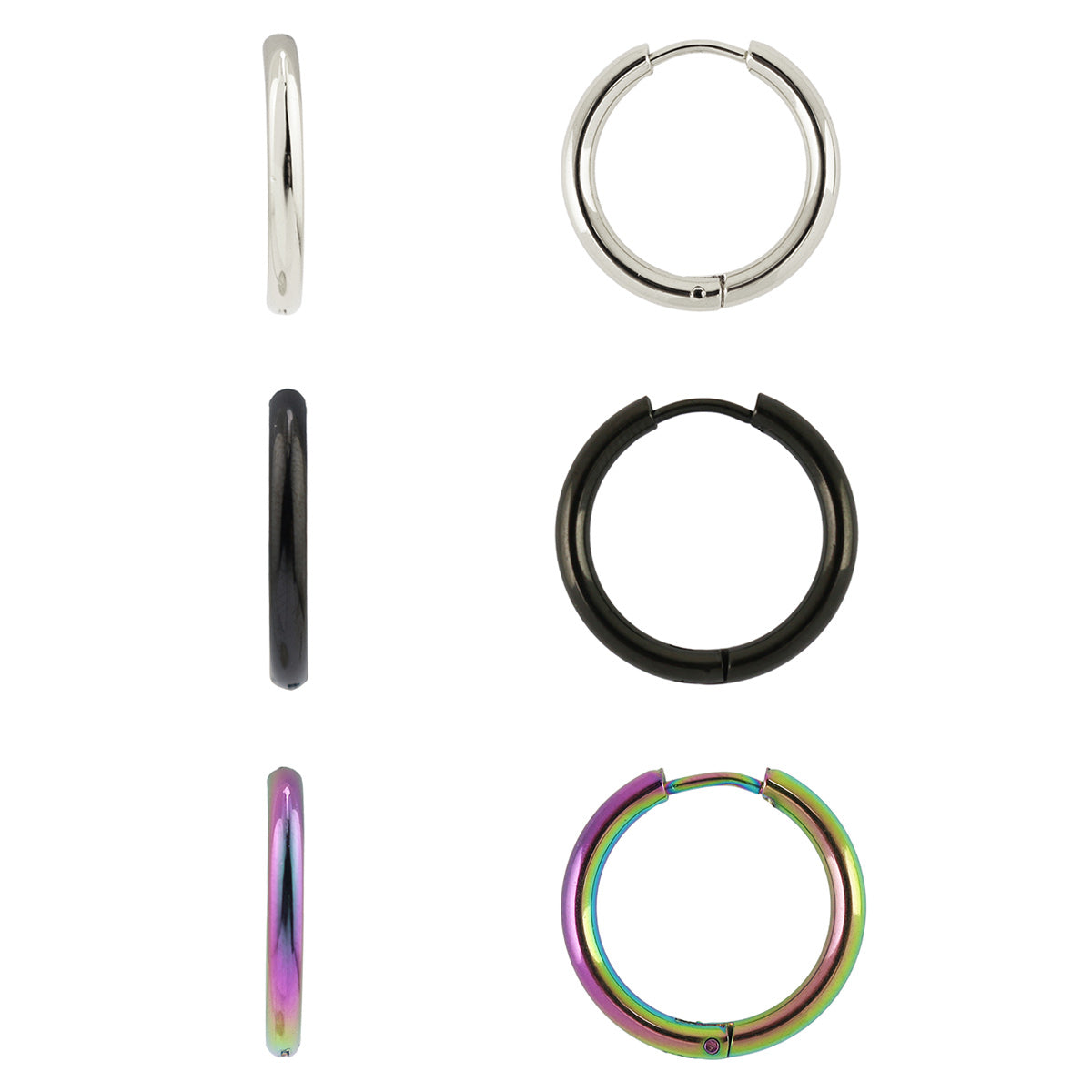 3 Pair Earring Set in Stainless Steel: Silver, Black, and Rainbow