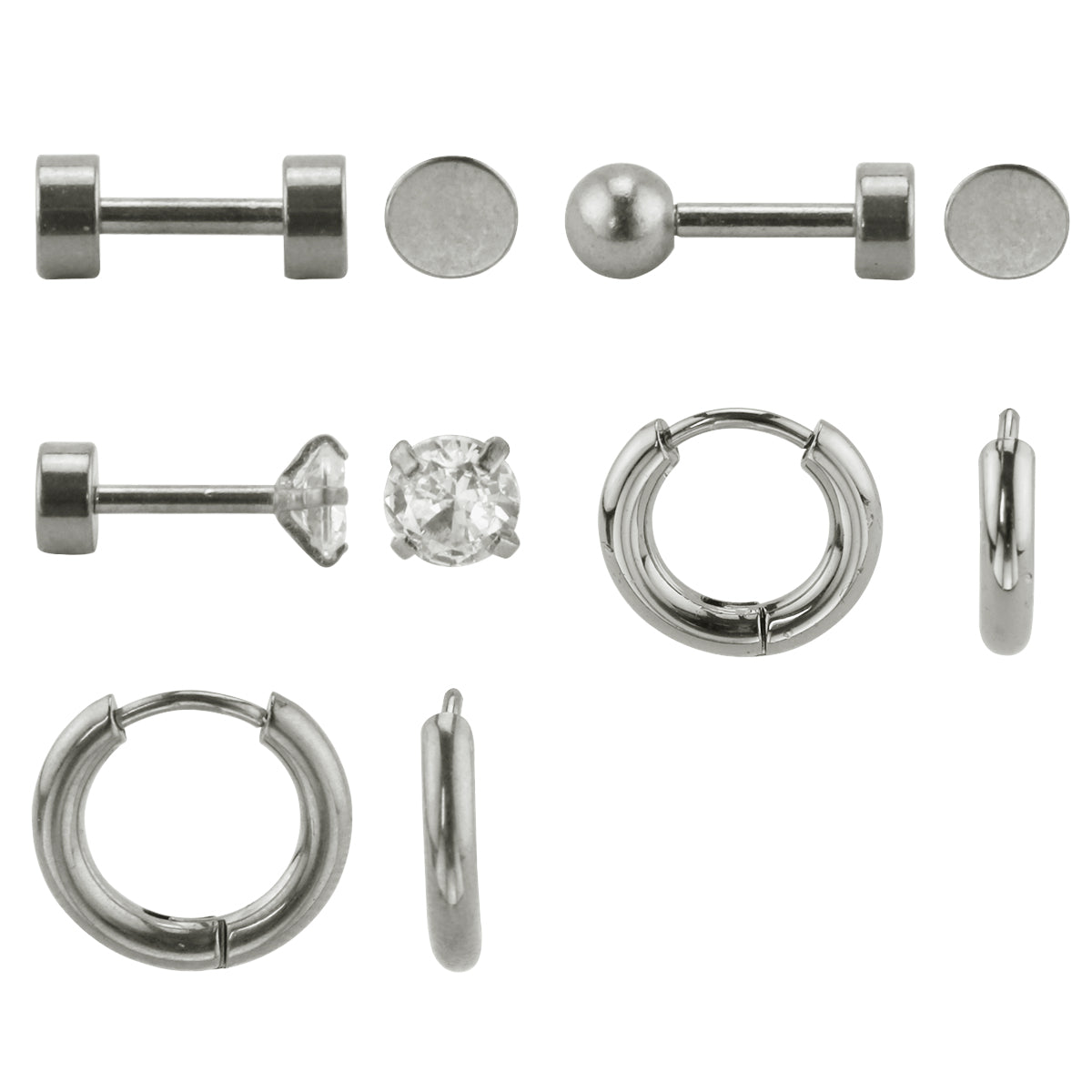 Set of 5 Stainless Steel Earrings: Hoops and Studs