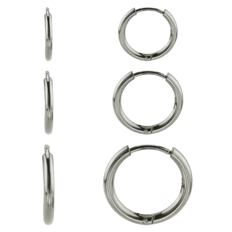 3 Pairs of Hoop Earrings in Stainless Steel
