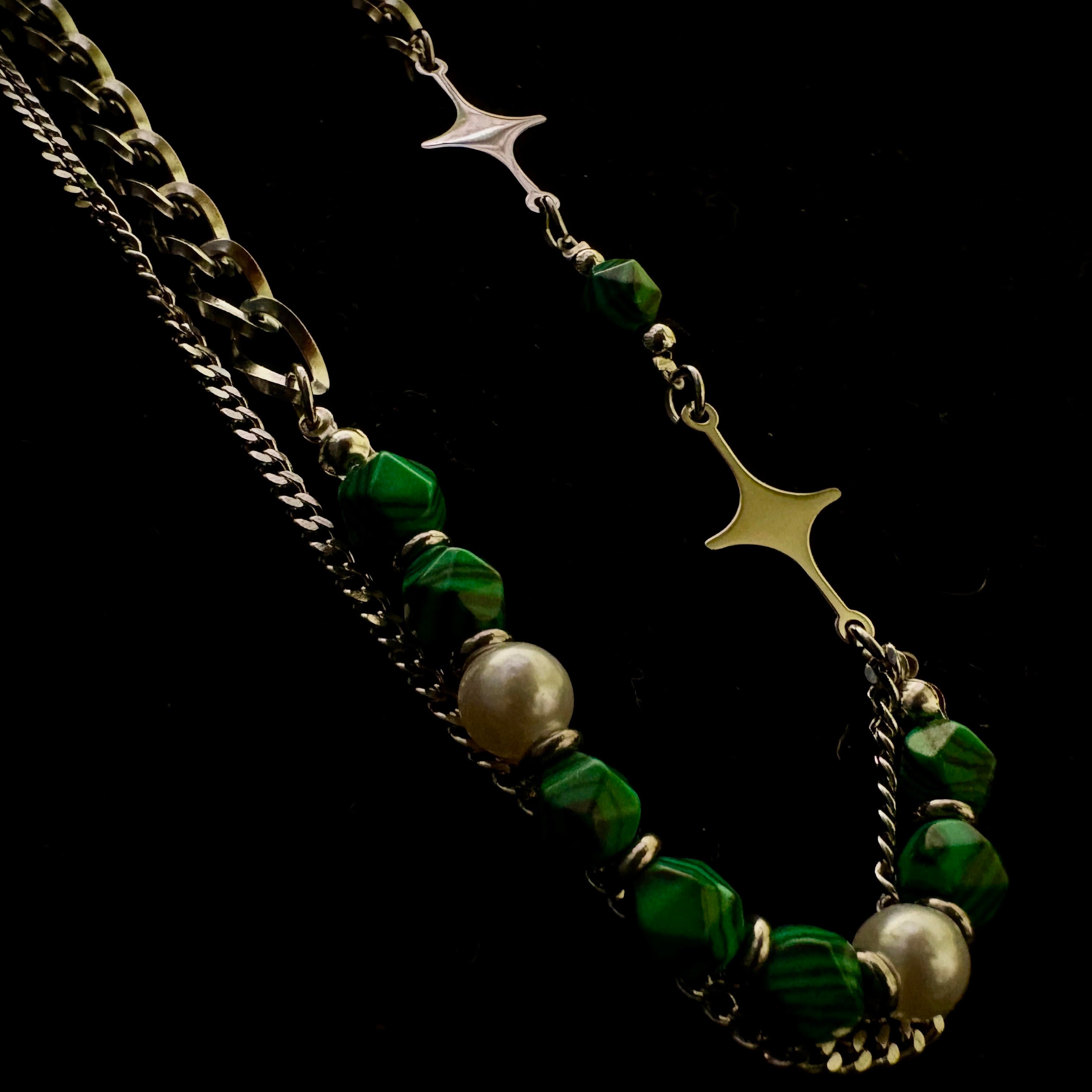 Stainless Steel Star Link and Green Layered Necklace