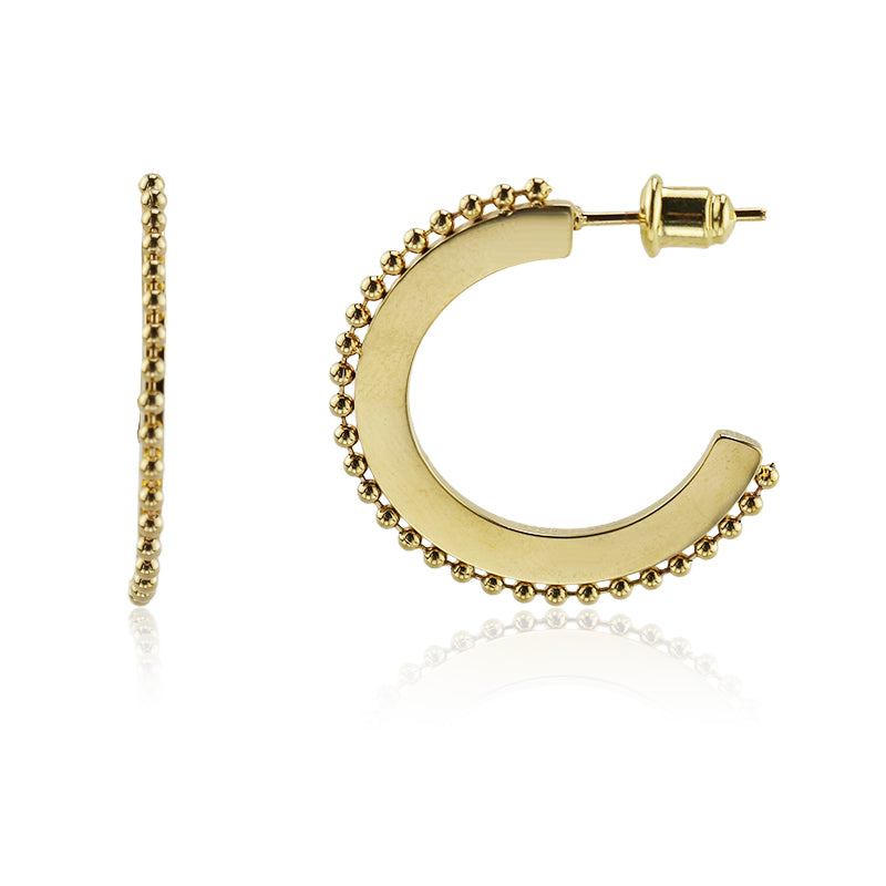 Flat Hoop Earring with Beaded Texture in Stainless Steel