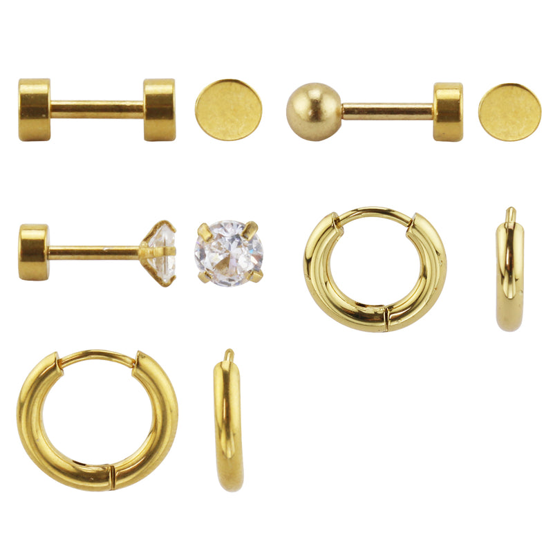 Set of 5 Stainless Steel Earrings: Hoops and Studs