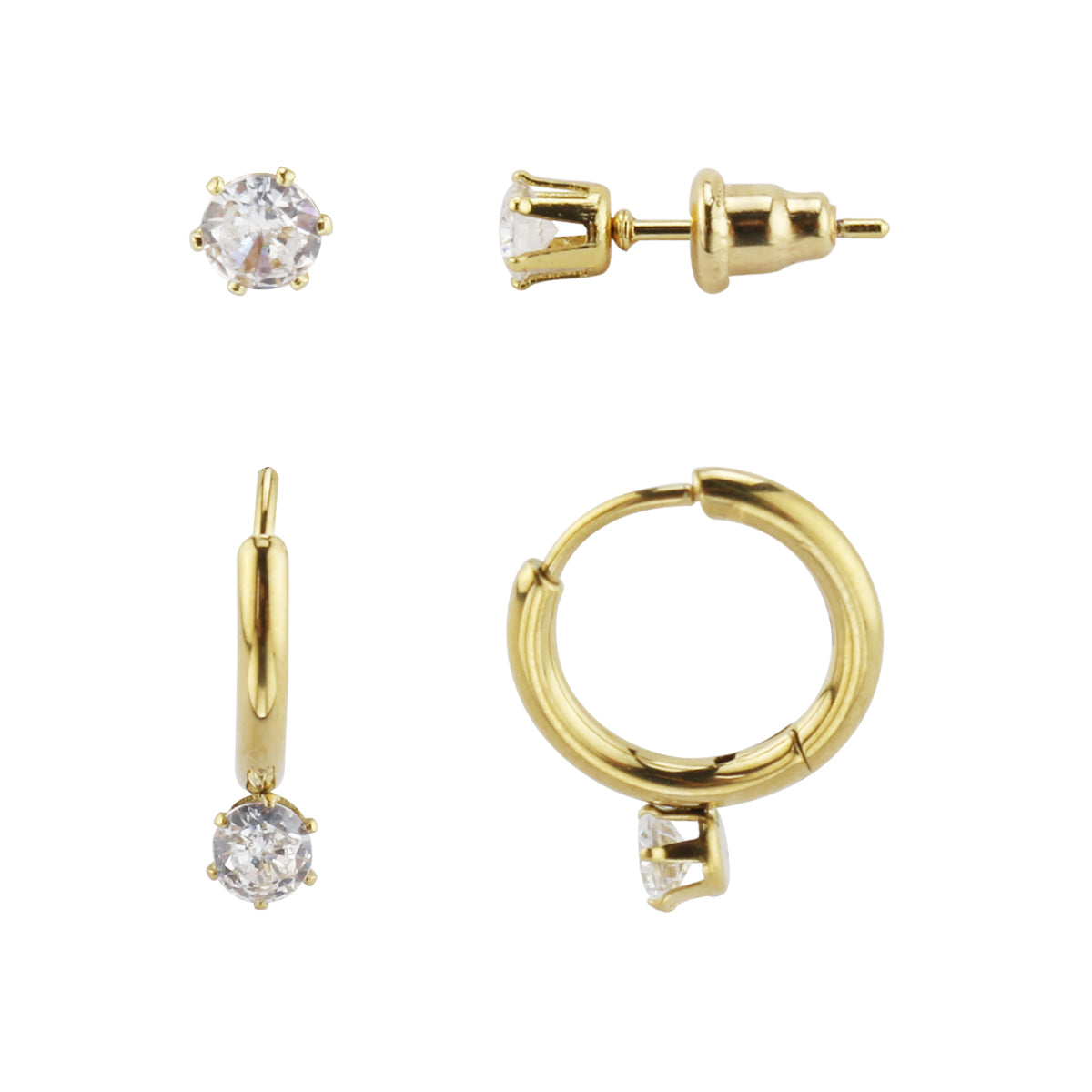 Set of 2 Pairs CZ Earrings in 18k IP Gold-Plated Stainless Steel