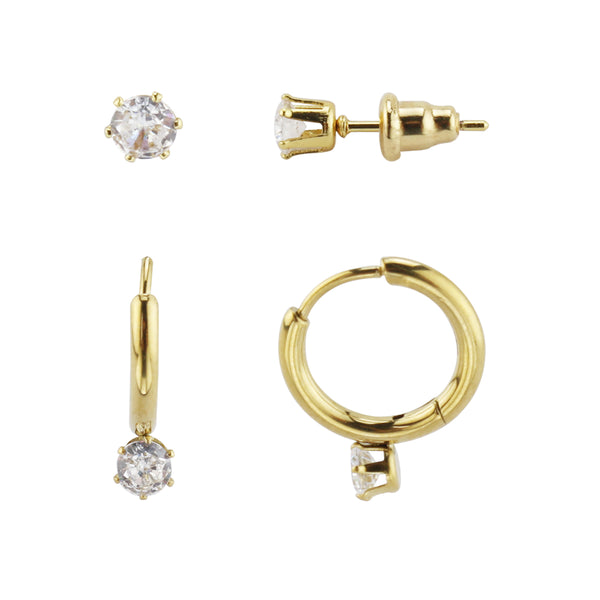 Set of 2 Pairs CZ Earrings in 18k IP Gold-Plated Stainless Steel