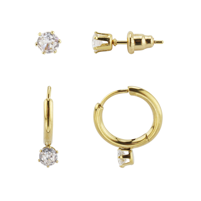Set of 2 Pairs CZ Earrings in 18k IP Gold-Plated Stainless Steel