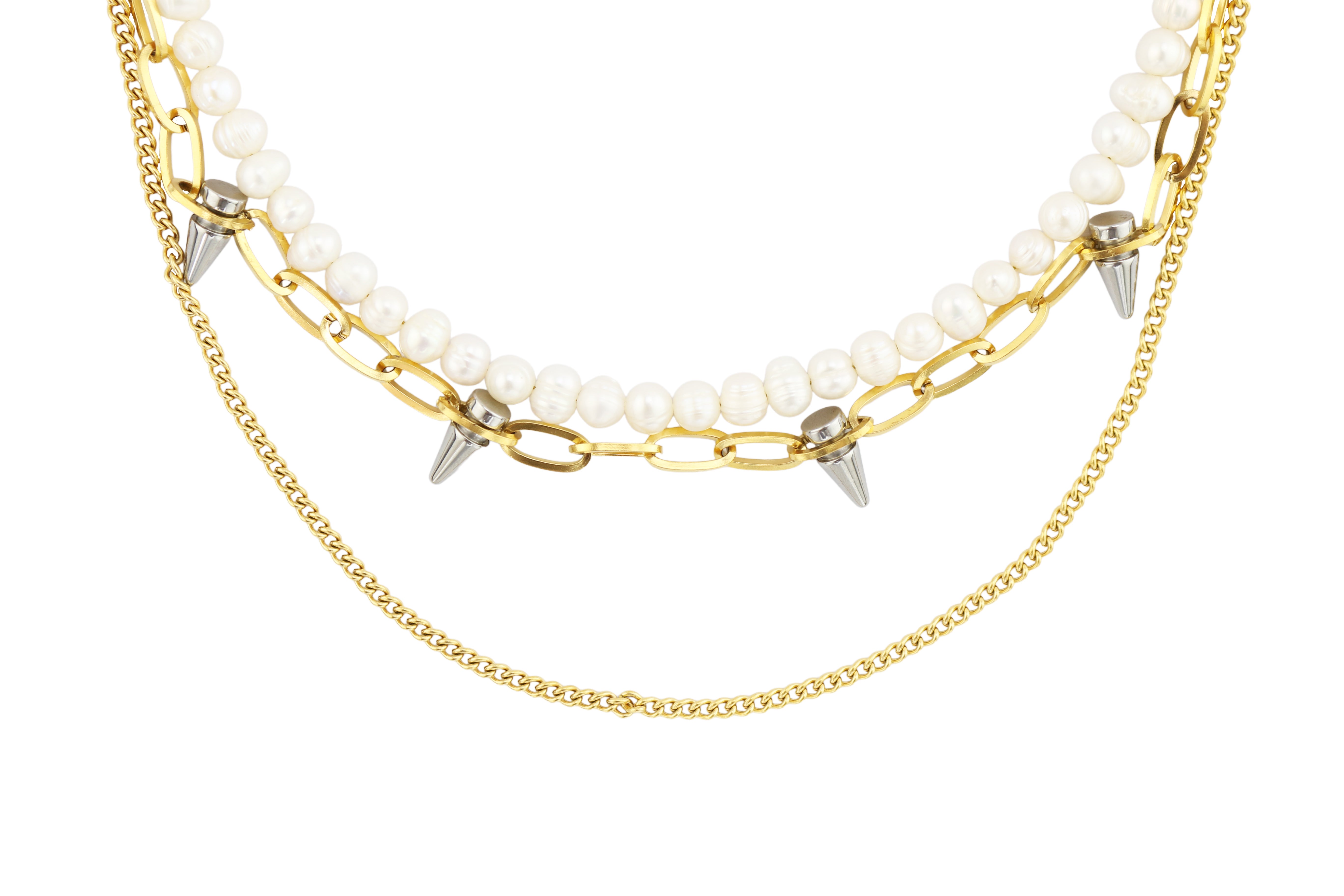 Pearl and Spike Layered Necklace in 18k Gold Plated Stainless Steel
