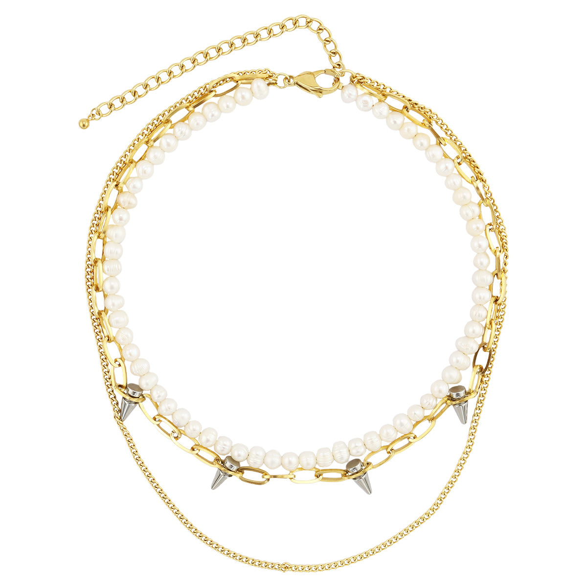 Pearl and Spike Layered Necklace in 18k Gold Plated Stainless Steel