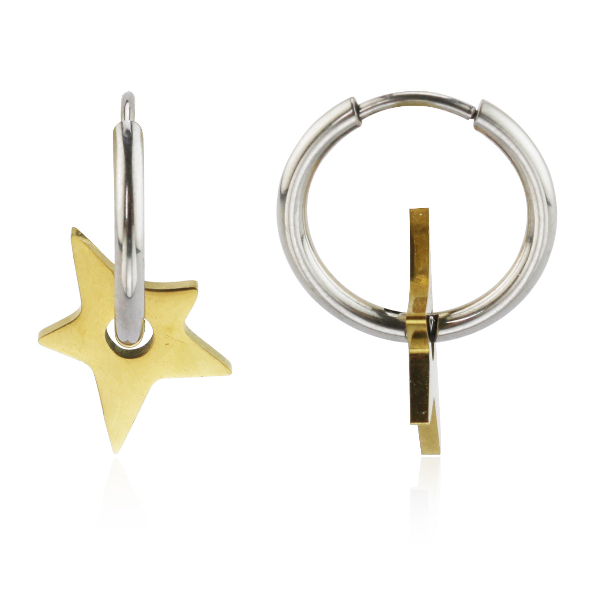 Two-Tone Star and Hoop Stainless Steel Huggie Earrings