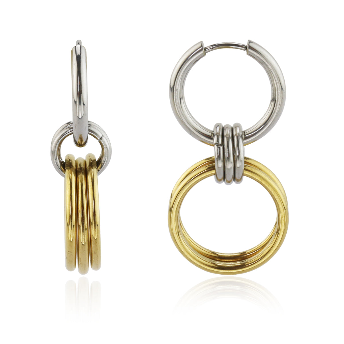 3-Ring 2-Tone Stainless Steel Hoop Earrings